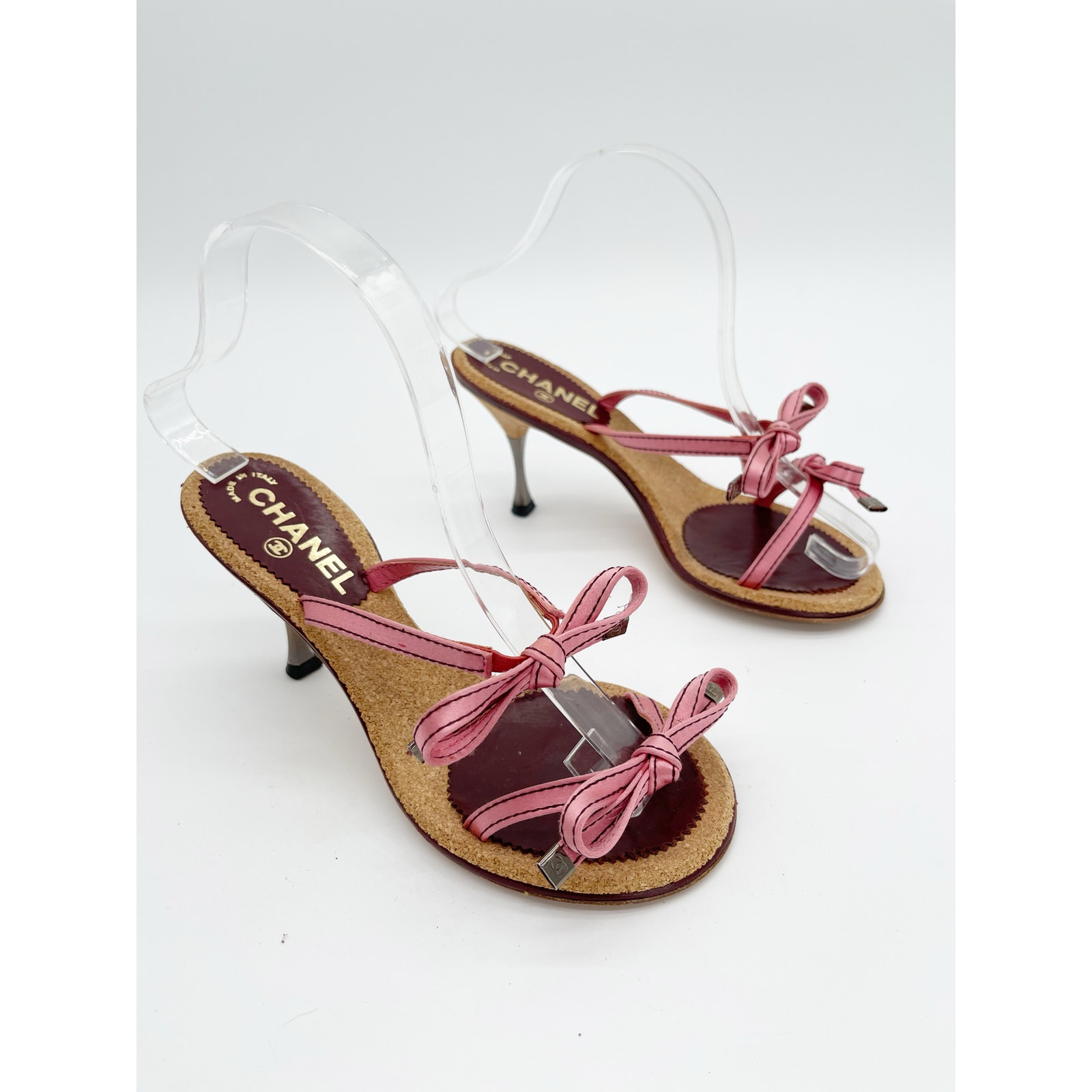 Chanel Vintage Pink Double Strap Satin Bow Cork Sole Slide Sandal Heels Eu 37.5 — image 2 of 8